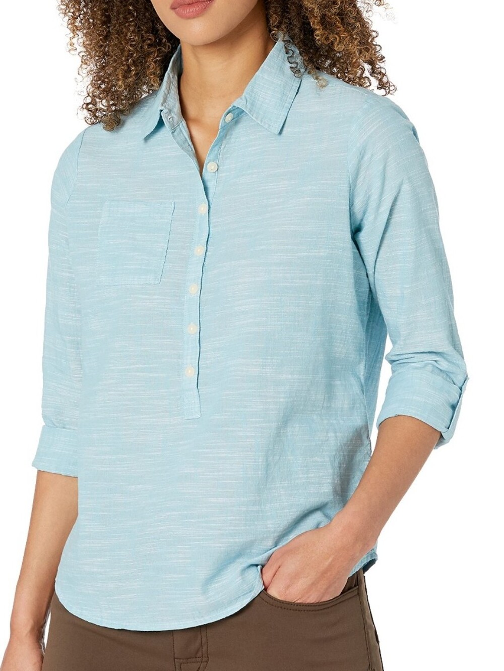 Aventura Women 100% Organic Cotton Pupover‎ Top Roll-Tab Sleeve Green/Blue S